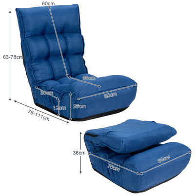 Folding Lazy Floor Chair with 5-Position Adjustable Head and Side Pocket-Blue