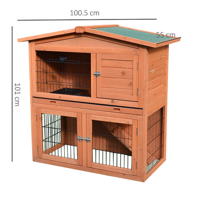 2 Tier Outdoor Rabbit Small Animal Enclosure With Ramp Tray To Raised Home And Below Run Area, Natural