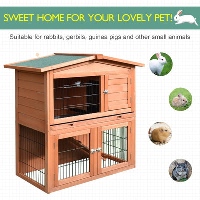 2 Tier Outdoor Rabbit Small Animal Enclosure With Ramp Tray To Raised Home And Below Run Area, Natural