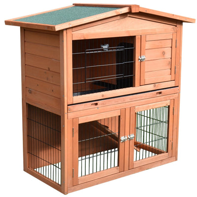 2 Tier Outdoor Rabbit Small Animal Enclosure With Ramp Tray To Raised Home And Below Run Area, Natural