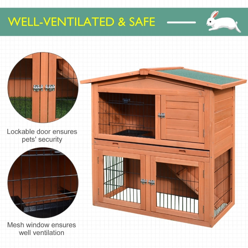 2 Tier Outdoor Rabbit Small Animal Enclosure With Ramp Tray To Raised Home And Below Run Area, Natural