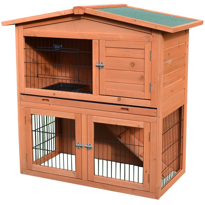 2 Tier Outdoor Rabbit Small Animal Enclosure With Ramp Tray To Raised Home And Below Run Area, Natural