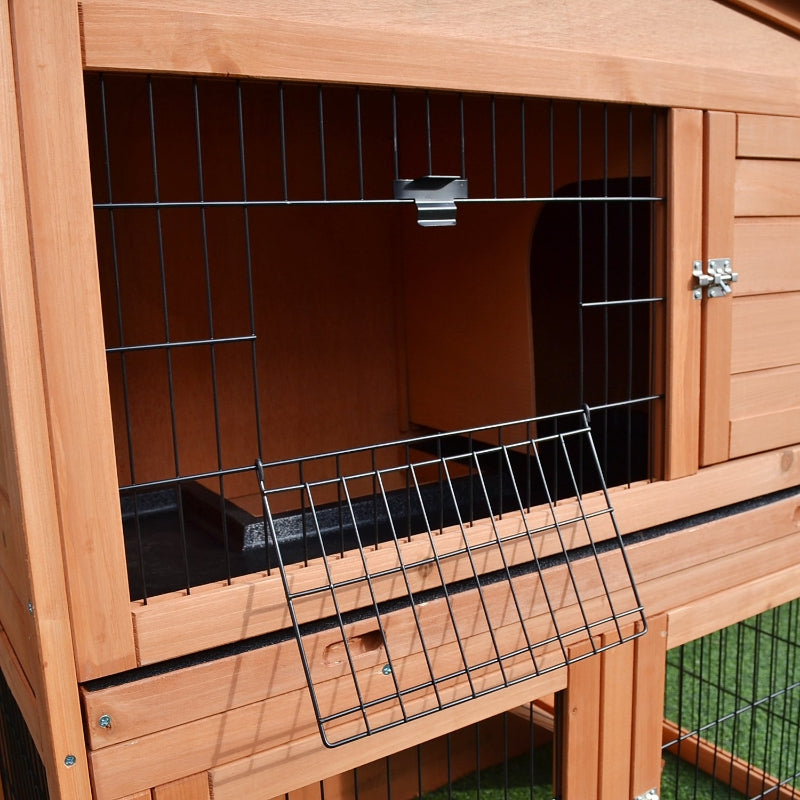 2 Tier Outdoor Rabbit Small Animal Enclosure With Ramp Tray To Raised Home And Below Run Area, Natural