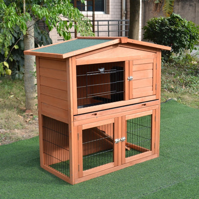 2 Tier Outdoor Rabbit Small Animal Enclosure With Ramp Tray To Raised Home And Below Run Area, Natural