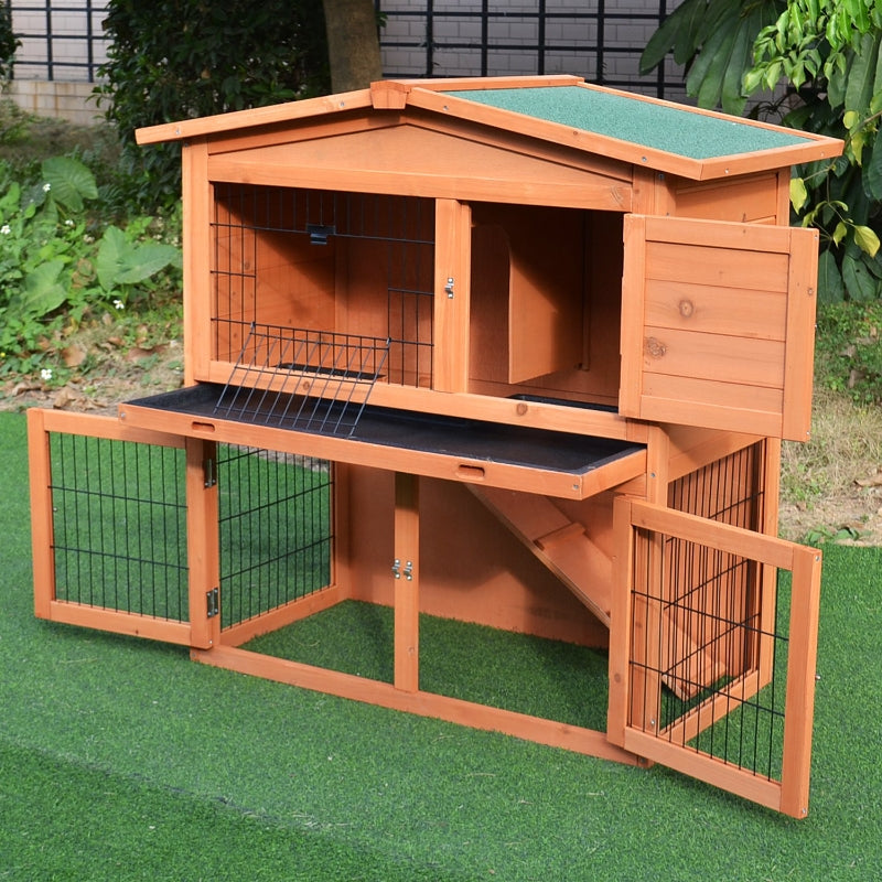 2 Tier Outdoor Rabbit Small Animal Enclosure With Ramp Tray To Raised Home And Below Run Area, Natural