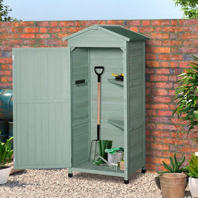 Wooden Garden Cabinet 3-Tier Storage Shed Lockable Organizer W/ Hooks Foot Pad