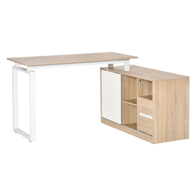 L-Shaped Home Office Writing Desk With Storage Shelf, Drawer, Corner PC Table Computer Workstation, Oak Beige White