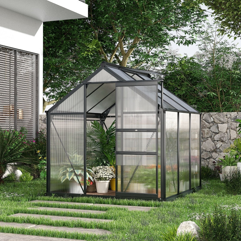 Clear Polycarbonate Greenhouse Large Walk-In Garden Plants Grow Galvanized Base Aluminium Frame With Slide Door, 6 X 6ft