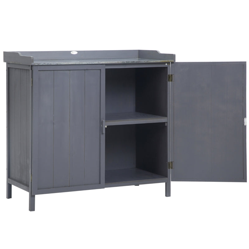 Garden Storage Cabinet, Outdoor Tool Shed, Potting Bench Table With Galvanized Top And Two Shelves For Yard Tools Pool Accessories, Grey