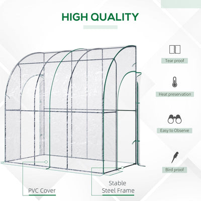 Outdoor Walk-In Lean To Wall Tunnel Greenhouse With Zippered Roll Up PVC Cover Sloping Top, Clear, 214cm X 118cm 212cm