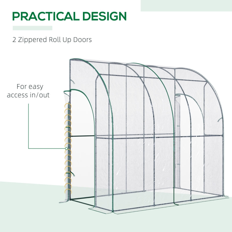 Outdoor Walk-In Lean To Wall Tunnel Greenhouse With Zippered Roll Up PVC Cover Sloping Top, Clear, 214cm X 118cm 212cm