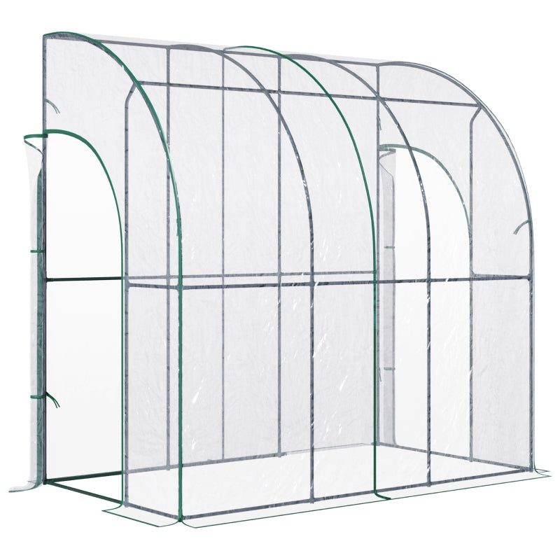 Outdoor Walk-In Lean To Wall Tunnel Greenhouse With Zippered Roll Up PVC Cover Sloping Top, Clear, 214cm X 118cm 212cm