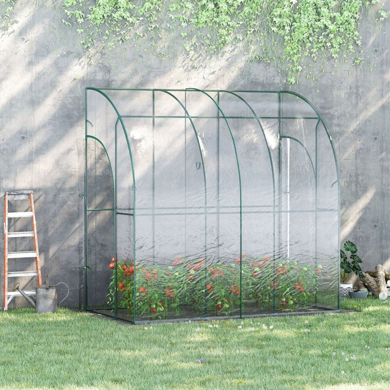 Outdoor Walk-In Lean To Wall Tunnel Greenhouse With Zippered Roll Up PVC Cover Sloping Top, Clear, 214cm X 118cm 212cm