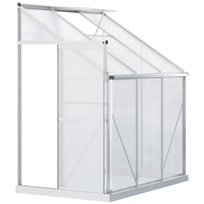 Walk-In Lean To Greenhouse Garden Heavy Duty Aluminium Polycarbonate With Roof Vent For Plants Herbs Vegetables, Silver, 192 X 127 220 Cm