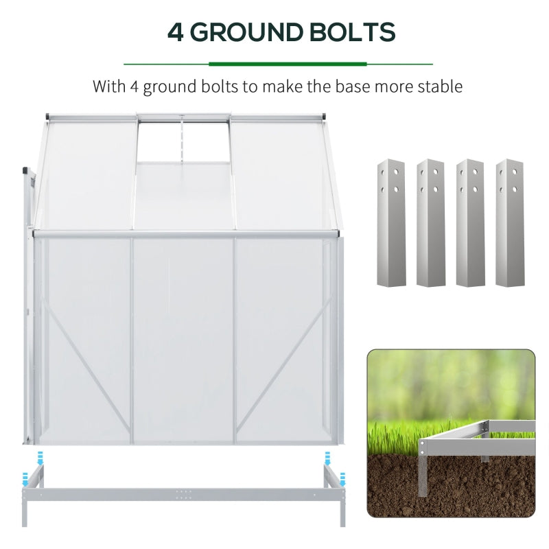 Walk-In Lean To Greenhouse Garden Heavy Duty Aluminium Polycarbonate With Roof Vent For Plants Herbs Vegetables, Silver, 192 X 127 220 Cm