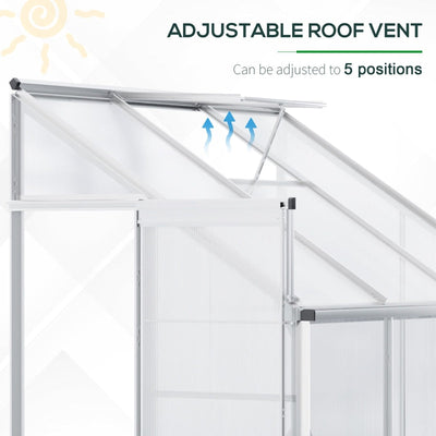 Walk-In Lean To Greenhouse Garden Heavy Duty Aluminium Polycarbonate With Roof Vent For Plants Herbs Vegetables, Silver, 192 X 127 220 Cm