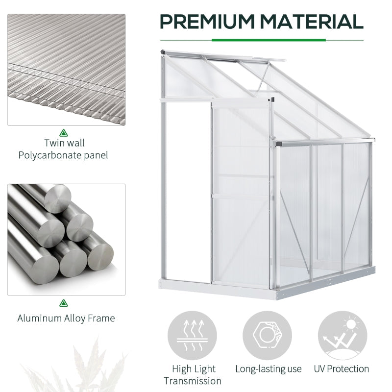 Walk-In Lean To Greenhouse Garden Heavy Duty Aluminium Polycarbonate With Roof Vent For Plants Herbs Vegetables, Silver, 192 X 127 220 Cm