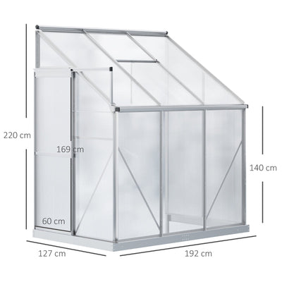 Walk-In Lean To Greenhouse Garden Heavy Duty Aluminium Polycarbonate With Roof Vent For Plants Herbs Vegetables, Silver, 192 X 127 220 Cm