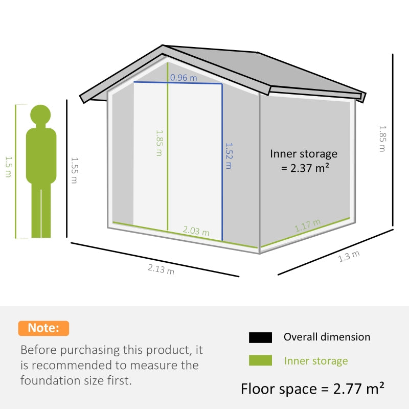 Lockable Garden Shed Large Patio Roofed Tool Metal Storage Building Foundation Sheds Box Outdoor Furniture, 7ft 4ft, Dark Grey