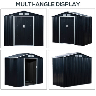 Lockable Garden Shed Large Patio Roofed Tool Metal Storage Building Foundation Sheds Box Outdoor Furniture, 7ft 4ft, Dark Grey