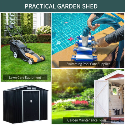 Lockable Garden Shed Large Patio Roofed Tool Metal Storage Building Foundation Sheds Box Outdoor Furniture, 7ft 4ft, Dark Grey