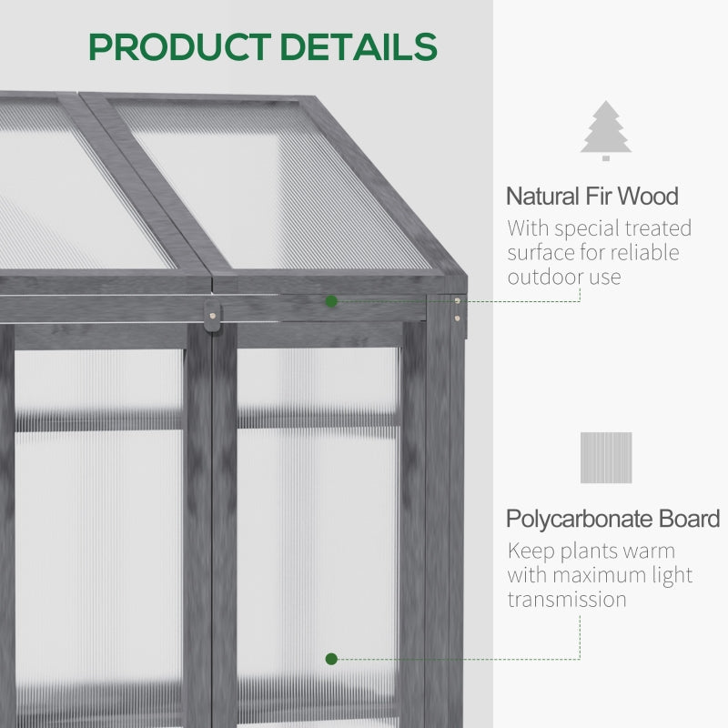 Wooden Greenhouse, Cold Frame Grow With Polycarbonate Semi Transparent Glazing, Openable Lid And Double Door For Flower, Vegetable Plants, (70 X 50 X 120)cm, Grey