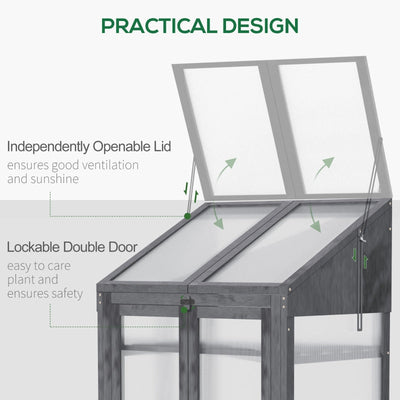 Wooden Greenhouse, Cold Frame Grow With Polycarbonate Semi Transparent Glazing, Openable Lid And Double Door For Flower, Vegetable Plants, (70 X 50 X 120)cm, Grey