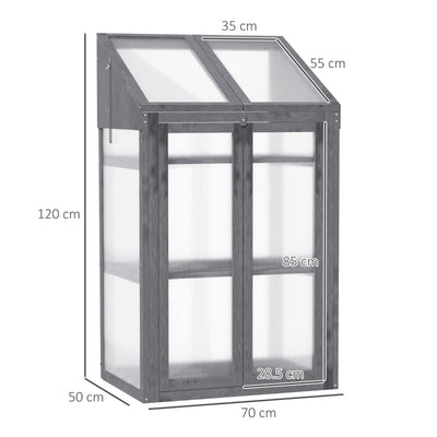 Wooden Greenhouse, Cold Frame Grow With Polycarbonate Semi Transparent Glazing, Openable Lid And Double Door For Flower, Vegetable Plants, (70 X 50 X 120)cm, Grey