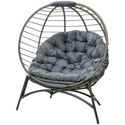 Folding Rattan Egg Chair, Freestanding Basket With Cushion, Bottle Holder Bag For Outdoor Indoor, Grey Black