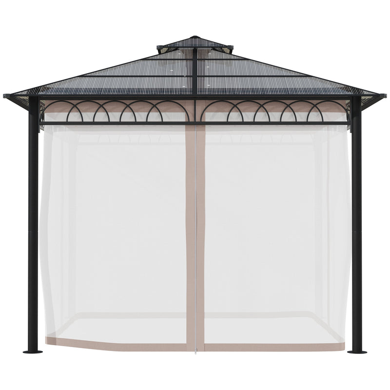 Outsunny 3 x 3 (m) Outdoor Polycarbonate Gazebo, DoubleÂ Roof Hard Top Gazebo withÂ Galvanized Steel Frame, NettingsÂ &Â Curtains