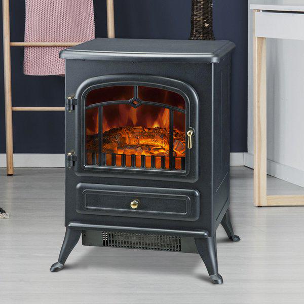 1800W Freestanding Indoor Iron Heater With Burning Log View - Black