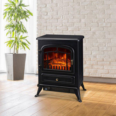 1800W Freestanding Indoor Iron Heater With Burning Log View - Black