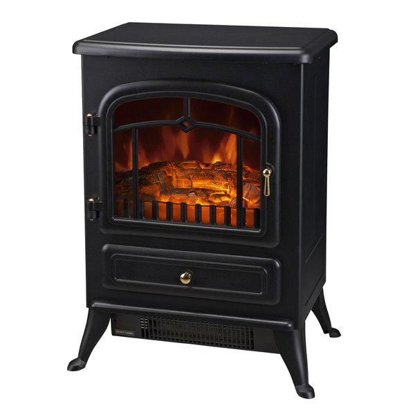 1800W Freestanding Indoor Iron Heater With Burning Log View - Black