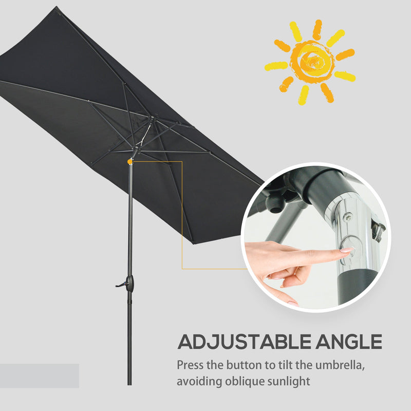 Outsunny 2 x 3(m) Garden Parasols Umbrellas Rectangular Patio Market Umbrella Outdoor Sun Shade w/ Crank & Push Button Tilt, Aluminium Pole, Black