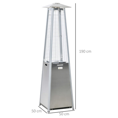 Outsunny 11.2KW Outdoor Patio Gas Heater, Pyramid Propane Tower With Wheels, Dust Cover, Regulator Hose, Silver