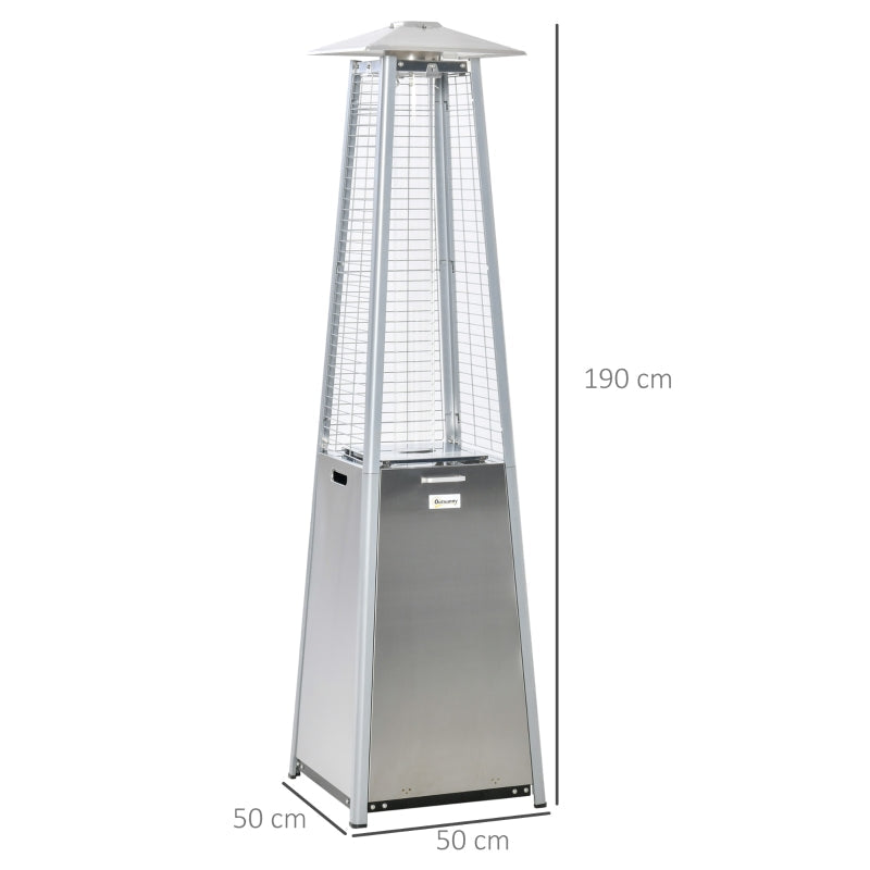 Outsunny 11.2KW Outdoor Patio Gas Heater, Pyramid Propane Tower With Wheels, Dust Cover, Regulator Hose, Silver