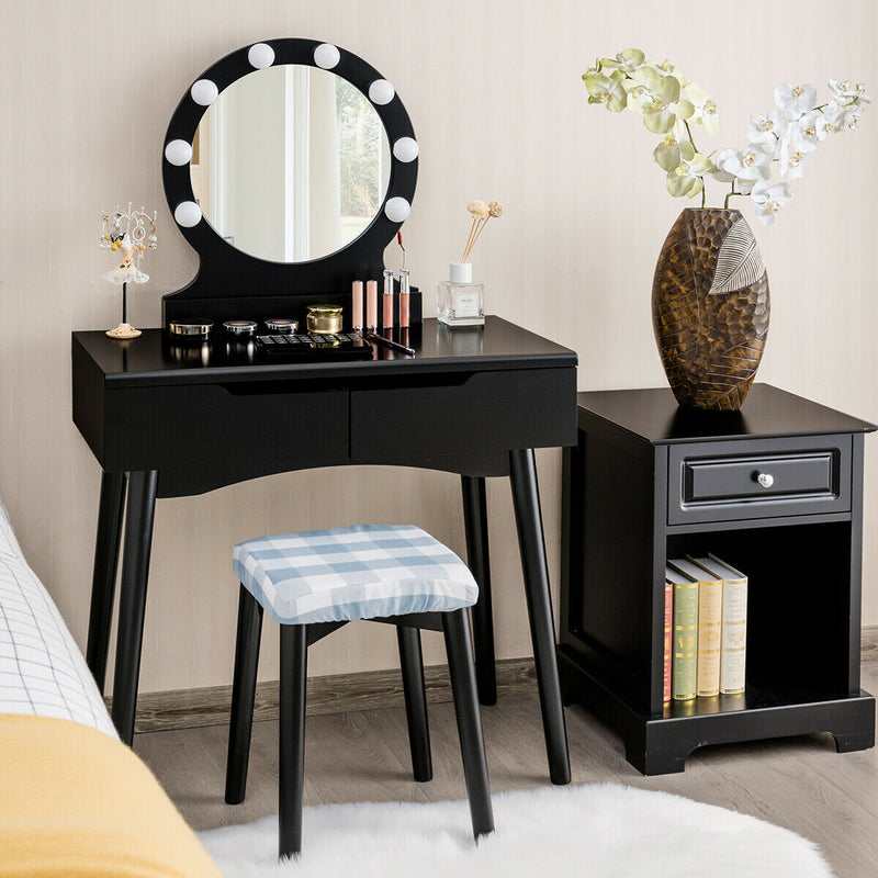 Vanity Dressing Table Makeup Desk with LED Round Mirror Bedroom-Black