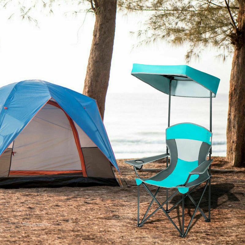 Folding Camping Chair with Canopy & Cup Holder-Turquoise