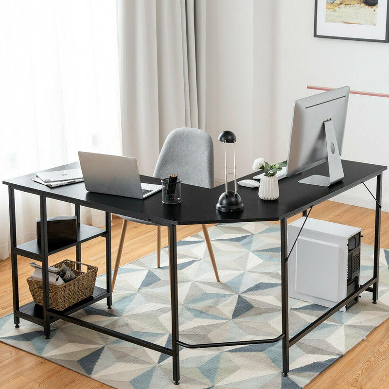 L-Shaped Corner Computer Desk with 2-Tier Storage Shelf