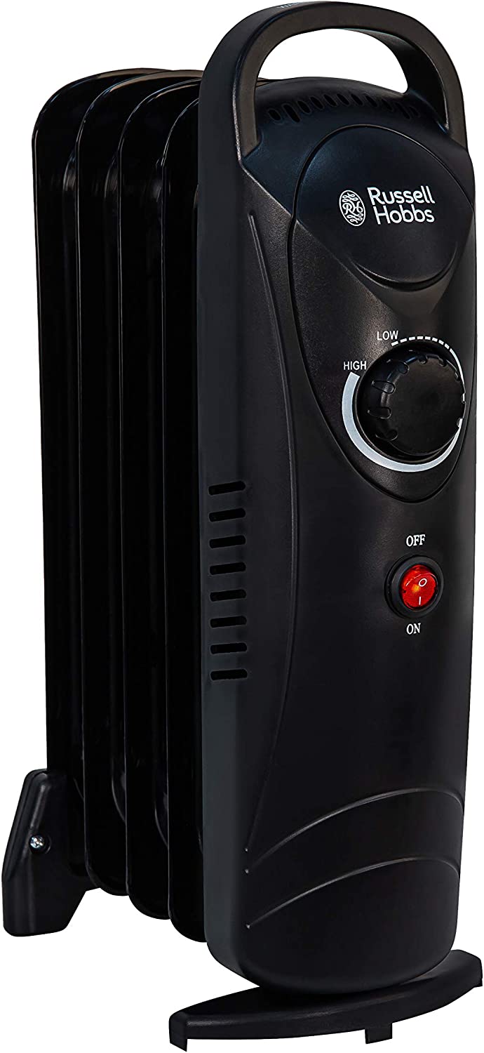 Russell Hobbs 650W Oil Filled Radiator, 5 Fin Portable Electric Heater, Adjustable Thermostat, Safety Cut-off, 10 m sq Room Size, Black RHOFR3001