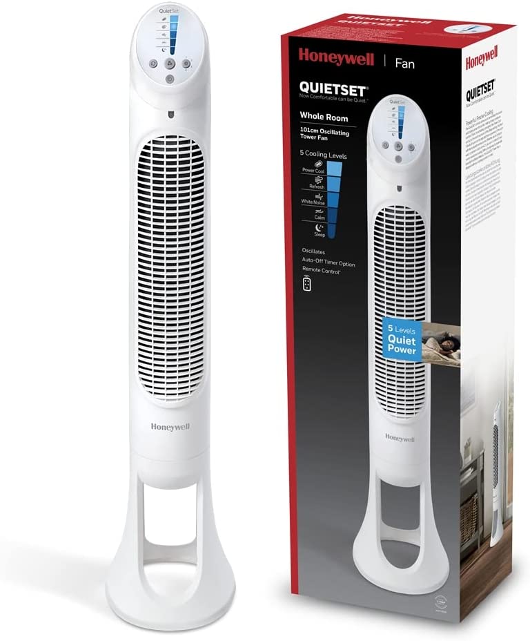 Honeywell QuietSet Whole Room Oscillating Tower Fan (5 Speed Settings, Oscillating 80°, Timer Function, Auto-Off Lights, Remote Control) HYF260