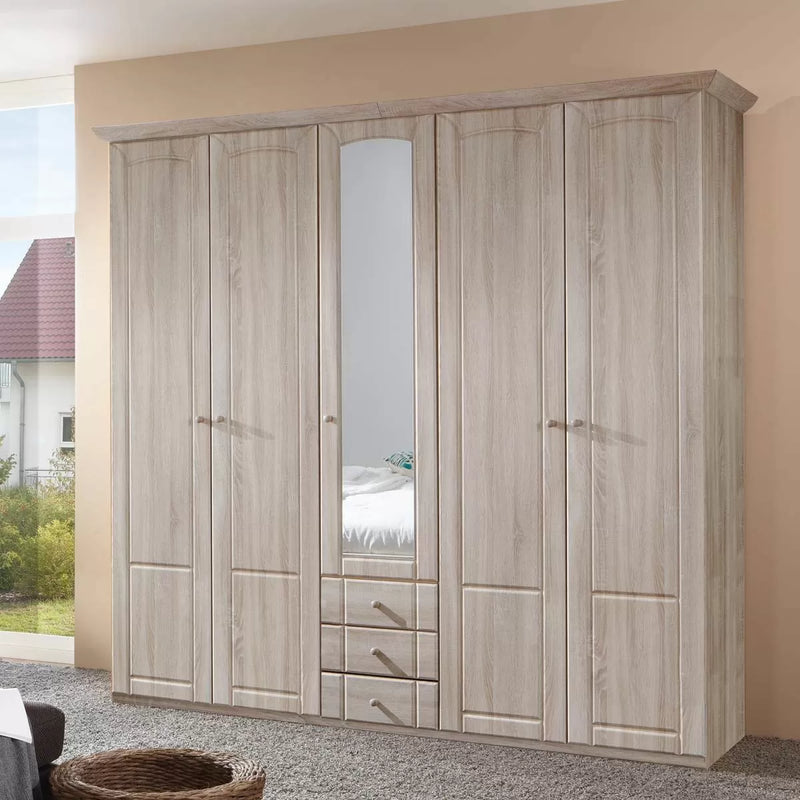 Vilma 5 Door 3 Drawer Mirrored Wardrobe - Oak