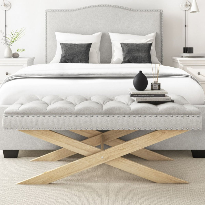 Wooden End-of-Bed Bench Upholstered in Light Grey Fabric - Maeva