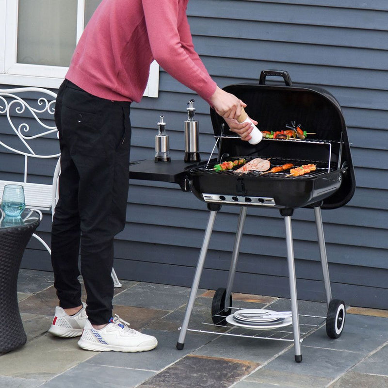 High Quality Portable Charcoal BARBEQUE Grill With 2 Wheels and Side Handle - Black