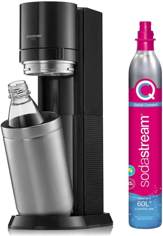 Sodastream Duo Sparkling Water Maker Machine, with 1 Litre Reusable BPA-Free Plastic Water Bottle + 1 L Glass Carafe & 60 Litre CO2 Gas Cylinder Black