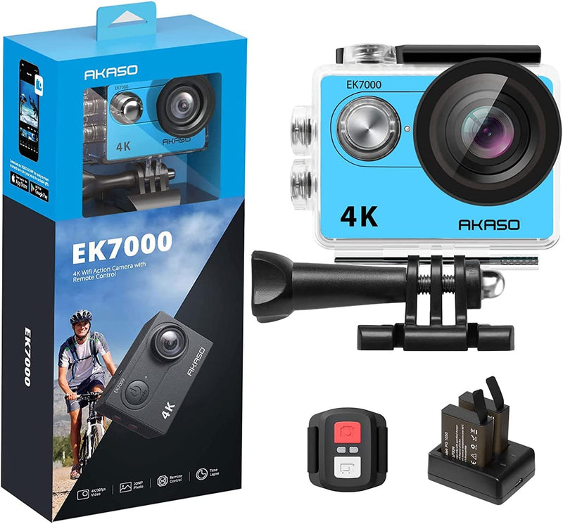 AKASO EK7000 4K Sport Action Camera Ultra HD Camcorder 12MP WiFi Waterproof Camera with 2 Rechargeable Batteries, 19 Accessories Kit - Blue