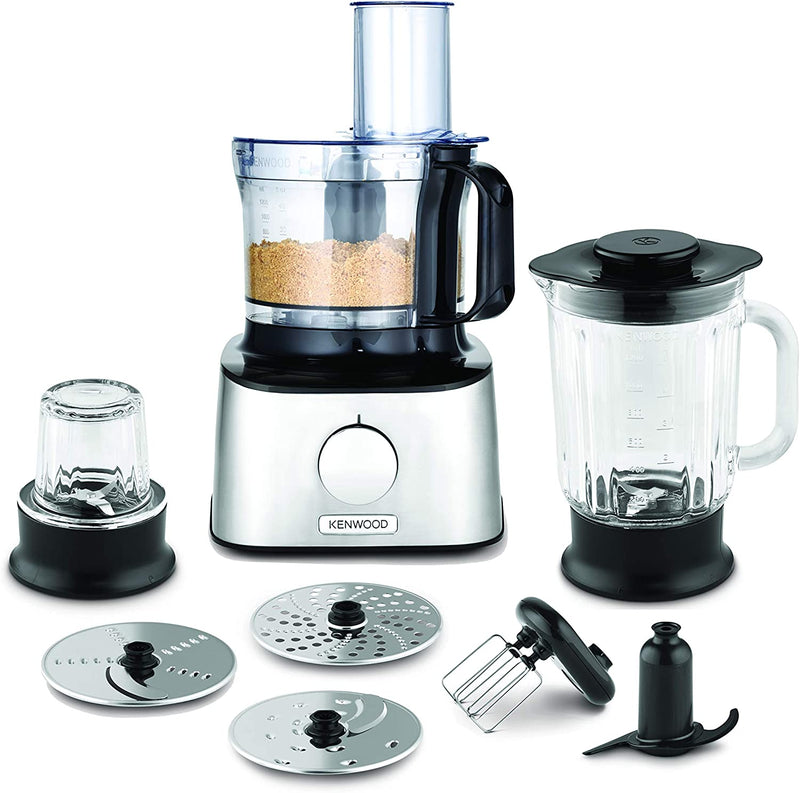 Kenwood Multipro Compact Food Processor, 1.2L Bowl, 1.2L Thermo-resist Glass Blender, Dough Hook, Whisk, Slicing Grating Discs, 800 W, FDM302SS