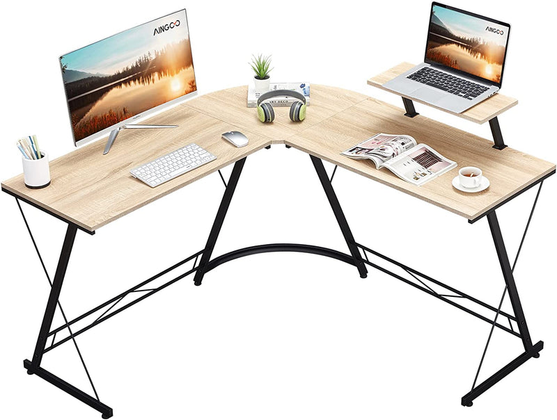 Aingoo Corner Desk L Shaped Gaming Computer Desk for Home Office Workstation with Monitor Stand, 128.5 * 128.5 * 75 cm Beige