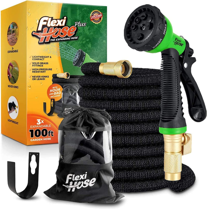 Flexi Hose 30 Metres [Upgraded] Expandable Garden Hose Pipe, 8 Function Spray Gun, No-Kink Flexible, Extra Strength, Carry Case, Storage Hook, Black