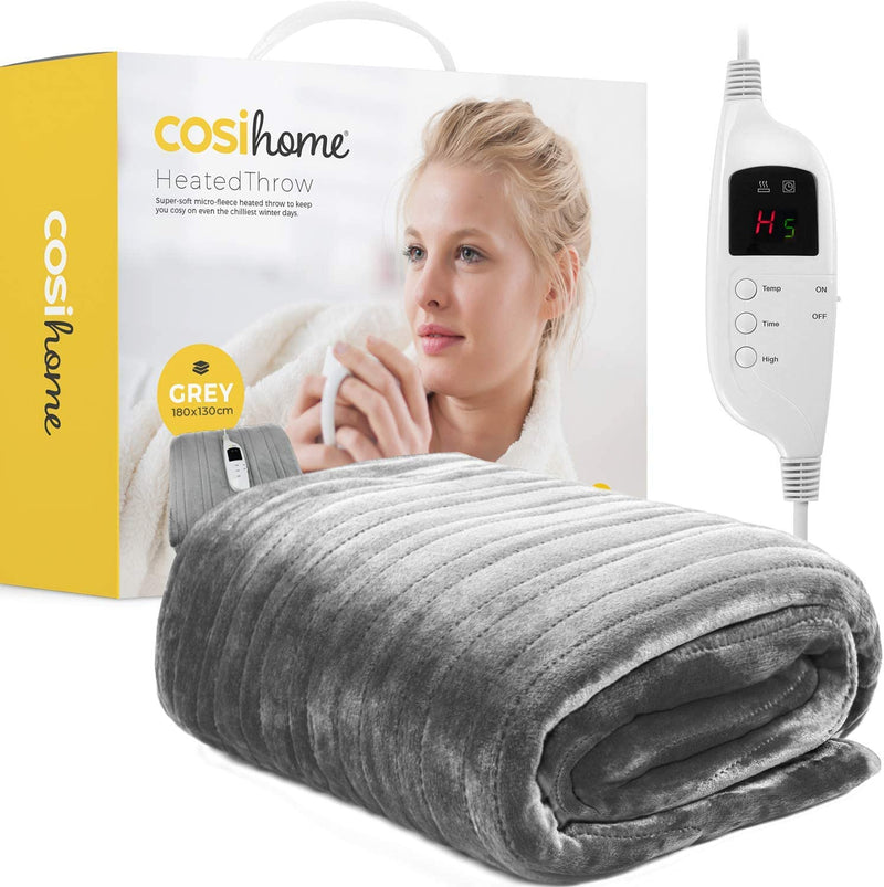 Cosi Home Heated Throw - Electric Blanket - Extra Large Heated Blanket, Machine Washable Fleece with Digital Remote, Timer and 9 Heat Settings (Grey)